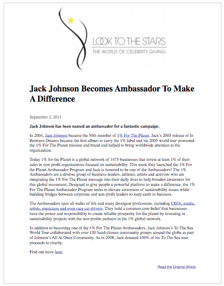 Jack Johnson Becomes Ambassador To Make A Difference