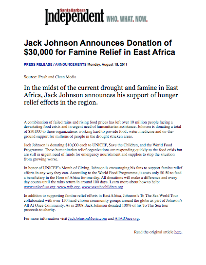 Jack Johnson Announces Donation of $30,000 for Famine Relief in East Africa